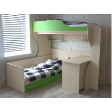 Кровать двухъярусная детская   Дуэт-5 , дуб молочный/зеленый+труба хром