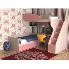 Кровать двухъярусная детская  Дуэт-5 , дуб молочный/розовый + лестница с ящиками