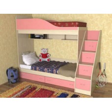 Кровать  двухъярусная детская  Дуэт , розовая лестница ящики