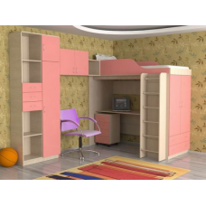 Кровать-чердак детская  Дуэт-10+секретер 313, цвет дуб молочный+розовый