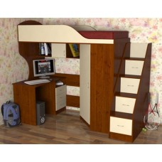 Кровать чердак с рабочей зоной Квартет-2, яблоня/ваниль, лестница с ящиками