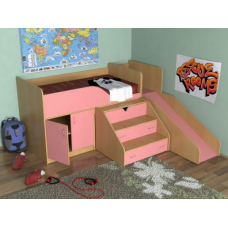 Кровать чердак Кузя с горкой, цвет бук+розовый