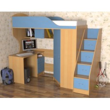 Кровать чердак с рабочей зоной  Квартет-2 , лестница с ящиками, бук/синий