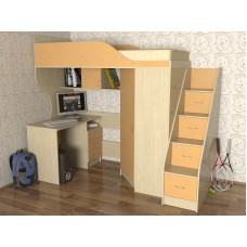 Кровать чердак с рабочей зоной Квартет-2, лестница с ящиками, дуб молочный/оранж