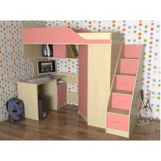 Кровать чердак с рабочей зоной  Квартет-2 , лестница с ящиками, дуб молочный/розовый