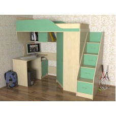 Кровать чердак с рабочей зоной  Квартет-2 , лестница с ящиками, дуб молочный/зел