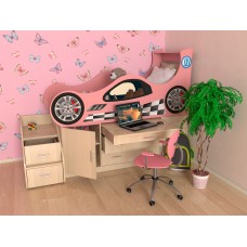 Кровать-чердак "Машинка 3", лестница 2 ящика, розовая дуб